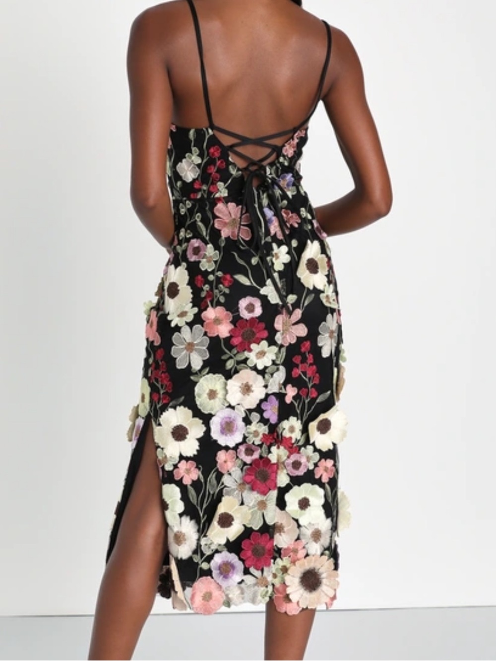 Lulus 3D Floral Embroidered Black Midi Dress - Picture 2 of 4